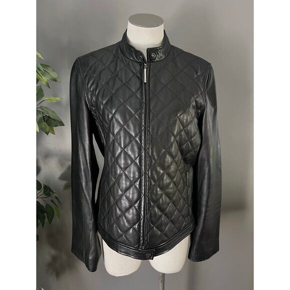 Siena Studio Womens Black Soft Leather Quilted Moto Full Zip Jacket Size Medium - Picture 1 of 12